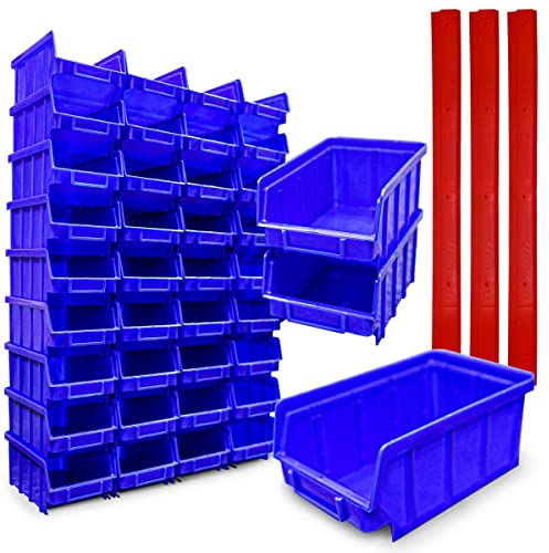 HMH 40x Stapelboxen Blau Größe 2 + 8 Wandschienen Werkstatt Garage Sichtlagerboxen 175x103x76mm Wandbefestigung Lagerboxen Blaue Sichtlagerkästen Stapelbox PP