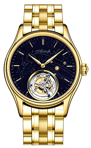 Aesop Tourbillon Uhren Herren Mechanische Uhr Skelett Analog Handaufzug Armbanduhren Saphirglas 50M Wasserdicht Klassische Luxusuhren mit Sternenhimmel-Zifferblatt 7025(Gold/Edelstahl)