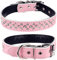 Haoyueer Hundehalsband mit Strasssteinen, verstellbar, glitzernde Kristallnieten, echtes Leder, Haustier-Hundehalsband für kleine und mittelgroße Hunde (S, Rosa)