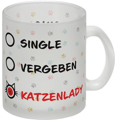 Glas Tasse mit Motiv - Katzenlady Single Vergeben zum Ankreuzen für verrückte Katzenbesitzer die ihre Liebe zu Stubentigern mit allen teilen wollen Haustiere Comic Katzen Glas