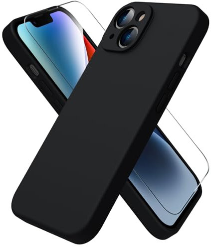 ACRONIX Coque pour iPhone 14,Coque Silicone Liquide pour iPhone 14(6.1),avec 1 Verres Trempés,Surélevée pour Écran & Caméra,Case Protection Complète 360 Degré,Coque en Silicone-Noir