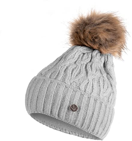 HEYO Damen Mütze für Winter | Fleece Futter | Strickmütze Warme Beanie | Wintermütze mit Bommel H22510 (Grau)
