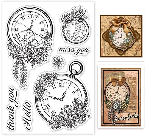 GLOBLELAND Sukkulenten und Uhren Klare Briefmarken für DIY Scrapbooking Dekor Grüße Retro Text Transparente Silikonstempel für die Herstellung von Karten Fotoalbum