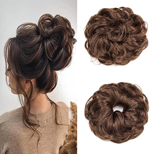 Cybelleza Haarteil Haargummi Haarverlängerung Pferdeschwanz 38g Haarteil Mit Gummiband Dutt Updo Hochsteckfrisuren Gelockt Haarband Gewellt Lockiges Messy Bun für Damen (Dunkelbraun&Leichtes Auburn)