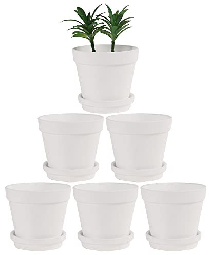 Terra-Cotta-Töpfe mit Untersetzer, 6 Stück, große Terrakotta-Töpfe, 14 cm, Ton, Keramik, Pflanzgefäß, Kaktus-Blumentöpfe, Sukkulenten-Topf mit Drainageloch, Basteln, Terrakotta-Übertopf (weiß)