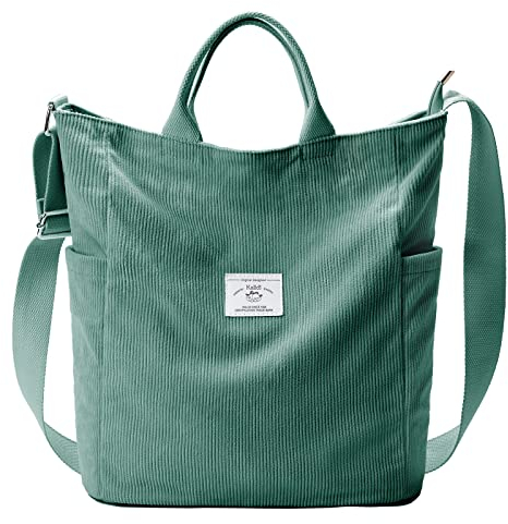 KALIDI Sac fourre-tout en velours côtelé, grand sac à bandoulière Hobo anti-éclaboussures, sac à fermeture éclair, décontracté, travail, shopping, femme, vert