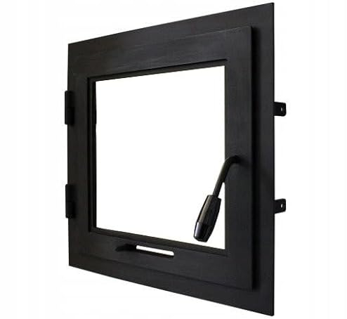 Puerta horno 50 x 50 cm, puerta chimenea con cristal para horno pizzero, hierro fundido. Sentido de apertura: izquierda | El mango está a la derecha. Con un collar.