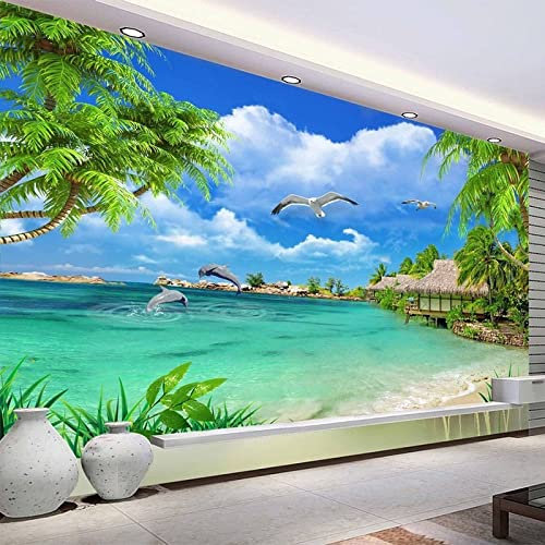 YXTSmurals Playa Cocoteros Modelo Art Papel Tapiz Fotográfico, Impermeable Autoadhesiva Impresión 3D Mural De Papel Pintado Fotomural 3D Decoración De Papel Tapiz Fondo De Pared De Tv