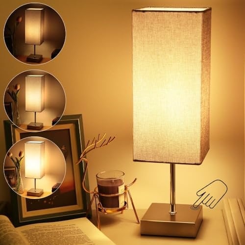 HSLighting Touch Lamps Bedside, Tall Bedside Lamps 38.3cm with Square Metal Base 3 Level Dimmable LED Light Bulbs Desk Lamp for Bedroom Living Room Children's Room