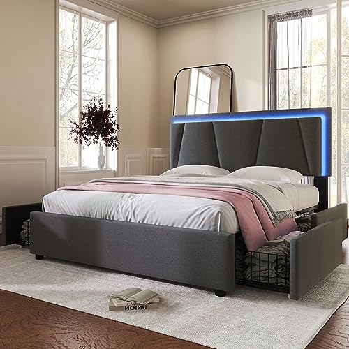 Merax Polsterbett 140x200cm mit LED-Beleuchtung und 4 Schubladen, Doppelbett Bettgestell mit Lattenrost und Höhenverstellbarem Kopfteil, Stauraumbetten, Leinenmaterial, Jugendbett,ohne Matratze,Grau