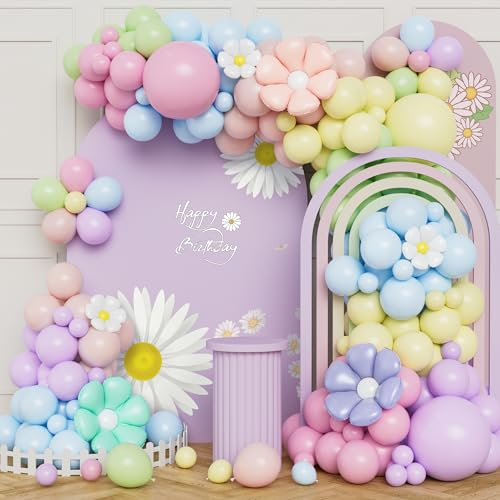 Gänseblümchen Ballons Girlanden Bogen Set 118 Stück Pastell Luftballons Macaron Luftballons Rosa Gelb Lila Blau mit Gänseblümchen Folien Ballons für Mädchen Geburtstag Babyparty Gartenparty Dekoration