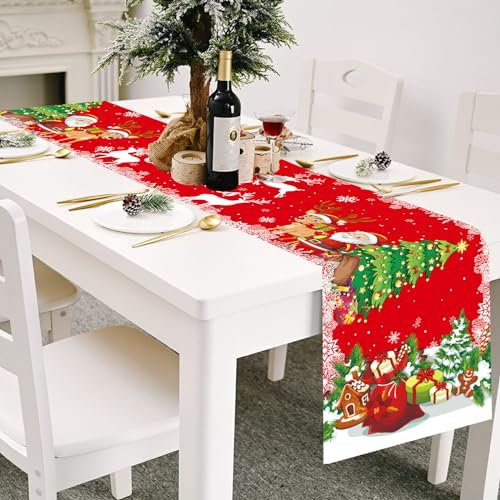 Weihnachten Tischläufer, Weihnachtstischdecke Weihnachtsmann Weihnachtsbaum Rentier Baum Tischdeko Weihnachten Saisonnal Winter Küche Tisch Dekoration Drinnen Urlaub Party Dekor 35x180 cm