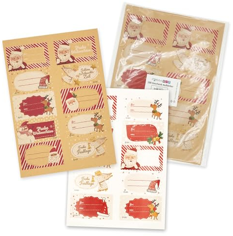 itenga 100x Geschenkaufkleber Frohe Weihnachten Aufkleber Kraftpapier rechteckig 35x55mm beschreibbar für kurze Texte Namensschild Geschenkeaufkleber Etikett Sticker