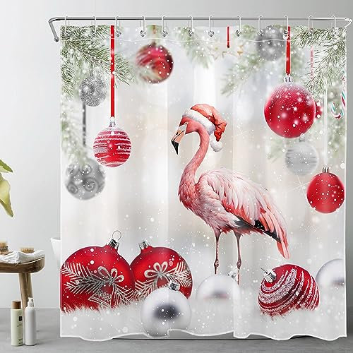 LB Frohe Weihnachten Duschvorhang 180x180cm Rote Weihnachtskugel Rosa Flamingo Antischimmel Wasserdicht Badezimmer Vorhänge, Schnee im Winter Polyester Stoff Bad Vorhang mit Haken