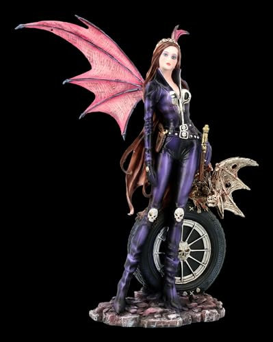 Elfen Figur Naira mit Skelett Drache, 25 cm, Motorrad-Outfit – Dark Angel Design, Kunststein, Handbemalt, Gothic-Engel Biker Deko