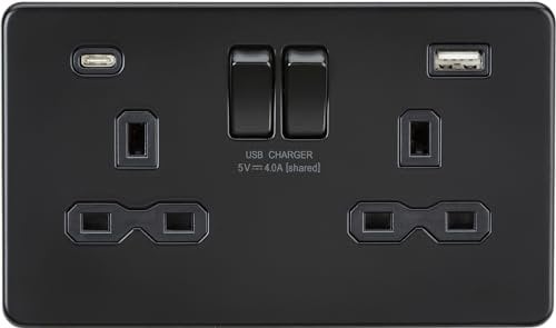 13A 2G SP Switched Socket with Dual USB A+C (5V DC 4.0A shared) - Matt Black with Black Insert
