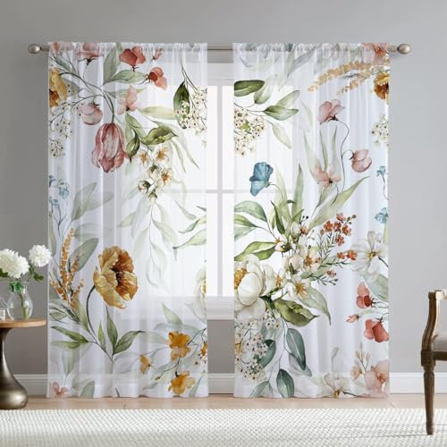 Fereyis Durchsichtige Vorhänge mit Blumenmuster für Wohnzimmer, 244 cm Länge, 2 Paneele, elegant, gelbe Blume, Frühlingsdruck, Fenstervorhang, Chiffon-Vorhänge für Schlafzimmer