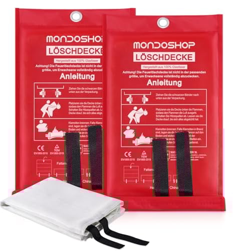Mondoshop Feuerlöschdecke Küche Löschdecke Fettbrand- 1x1 m Branddecke Küche gemäß DIN EN 1869:2019 aus Glasfasertücher, Löschdecke für Fettbrände, Camping Grill, Wohnwagen, Küchen, Schule, 2 Stück
