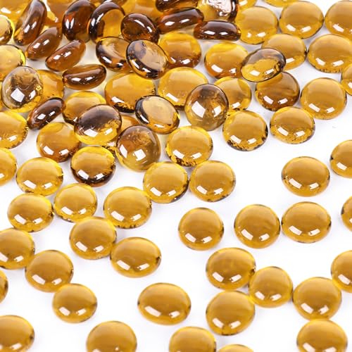 VGOODALL Glass Beads for Vases 450g, 160-180PCS Yellow Flat Glass Pebbles Vase Filler Glass Stones Decorative Flat Gemstone for Home Decor