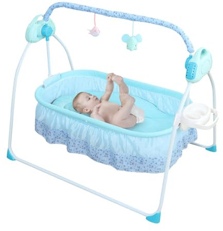 Babyschaukel, elektrisch, faltbar, mit Becherhalter, Controller, Moskitonetz und Puppe, verstellbar in 5 Geschwindigkeitsstufen, 12 Lieder, Tragkraft 25 kg (Akku nicht im Lieferumfang enthalten)