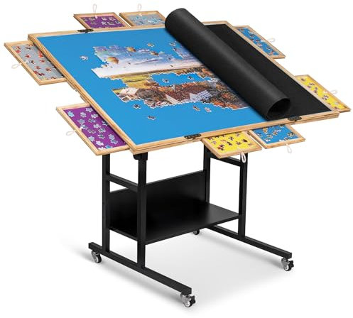 Becko US 2000 Piece 2-in-1 Tilting & Rotating Jigsaw Puzzle Table with 8 Drawers, Folding Puzzle Board with Cover, Height Adjustable Tables with Legs for Adults, with 4 Casters & Storage Shelf