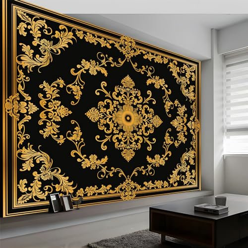 Fototapete 3D Effekt Fotowandgemälde Barock-Muster Moderne wandbild, Schwarz Und Gold Vliestapete Wandgemälde Wohnzimmer Schlafzimmer 400 x 280 cm (WxH) Tapete Wandtapete