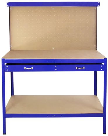 Monster Shop Établi d'atelier avec panneau perforé et tiroir Boîte à outils robuste pour rangement d'outils Plan de travail Garage Étagère en métal Étagère en acier Bleu