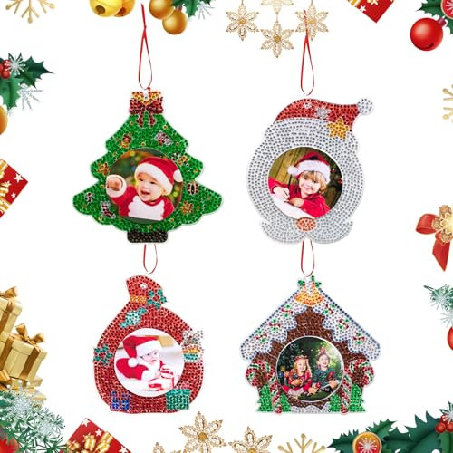 Satiskid 4 decorazioni natalizie per pittura con diamanti fai da te, decorazione natalizia con diamanti da appendere all'albero di Natale, ornamento per decorazioni natalizie invernali