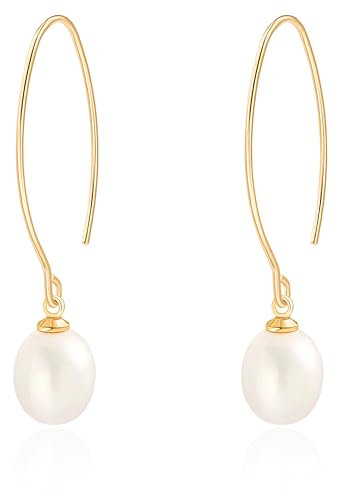 Aobei Pearl 12MM White Rice Pearl Drop Dangle Earrings 18K Gold Long Hook Wire Threader Earrings for Women Bohemian Simulated Pearl Ear Jewelry