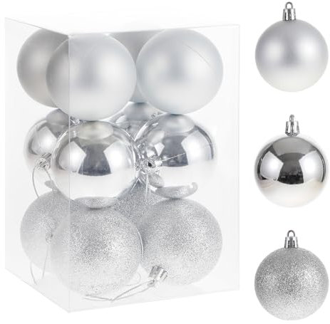 RELONGGI 12pcs Christmas Tree Baubles, 6cm Pre-Strung Elegant Shatterproof Ornaments, 3 Styles for Holiday, Wedding, Halloween Decor (Silver, Middle)