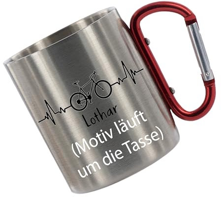 Crealuxe Edelstahltasse mit Karabiner - Herzschlag Fahrrad mit Wunschname - 330ml, Tasse personalisiert, Kaffeetasse, Bürotasse, Metalltasse mit Name