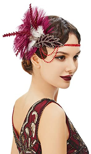 BABEYOND Stirnband Damen Pfau Feder Haarspange Gatsby Fasching Kostüm Haar Accessoires Weinrot