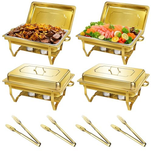 NKTOLEE Chafing Dishes for Buffet, 4 Pack 8QT Gold Chafing Dish Buffet Set, High Grade Buffet Servers and Warmers with All-Gold Serving Tongs, Food Warmers for Parties Buffet, Events & Weddings