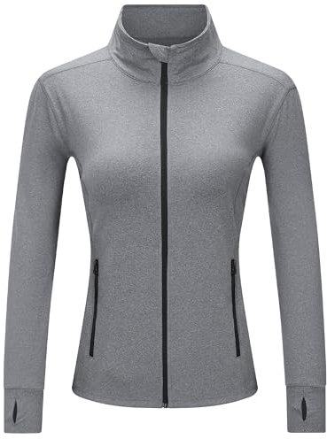 Outdoor Ventures Womens Running Jacket Long Sleeve Sports Jacket Lightweight Breathable Quick Dry Sweatshirt for Fitness Training Cycling with Zip Side Pocket and Thumb Holes Light Grey Heather M