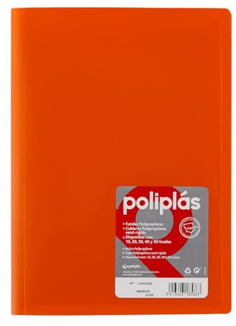 Grafoplas - Classeur à pochettes transparentes A4, orange, 30 doublures en polypropylène, série polyplas opaque, fabriquées en Espagne, couverture souple, parfaite pour classer des documents et des