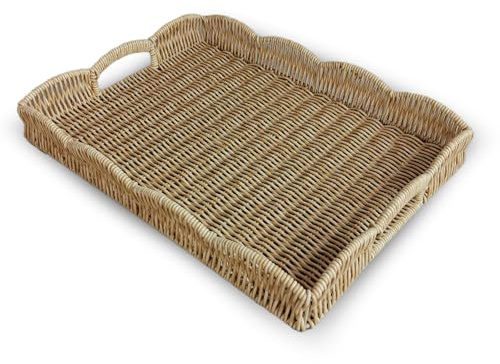 Serving Tray with Scalloped Edge, Rectangular Wicker Tray with Handles, Ideal for Breakfast or Meals in Bed and on Sofa, Decorative Coffee Table Tray to Enhance Dining (Beige)