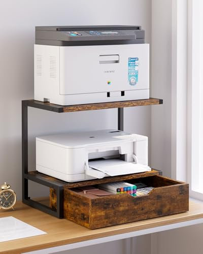 IBUYKE 2 Tier Desktop Printer Stand,Printer Table with Storage Shelf,Multi-Purpose Desk Organizer for Folders,Books,for Fax Machine, Scanner,Home Office,Brown TLJ015H