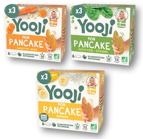 Yooji - Trio de Pancakes fruits & légumes bio pour repas bébé dès 8 mois - Introduction morceaux, Alimentation autonome et DME - 27 repas - à base de purée banane petit pois carotte