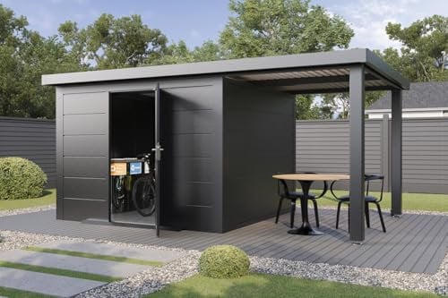 Finnhaus Wolff Metall-Gerätehaus Thorin 5424 Anthrazit Gerätehaus aus Metall in Anthrazitgrau, Geräteschrank inklusive Terrasse inklusive Schleppdach Gartenhaus