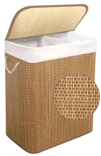Knight Bamboo Laundry Hamper 105L Micro Weave Laundry Hamper - Dual Compartment Basket, Removable & Washable Liner, Foldable, Natural, for Bedroom & Bathroom(105L)