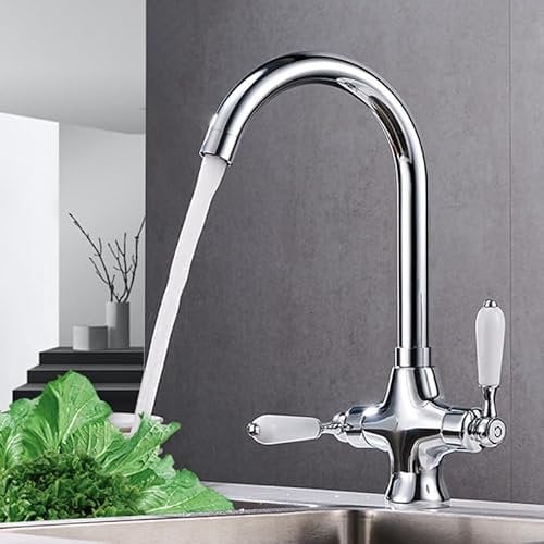 Traditional Dual Lever Kitchen Sink Mixer Tap - Chrome Brass Monobloc with 360° Swivel Spout, Ceramic Valve, UK Standard Flexi Hoses (1 Hole Deck Mount) for Kitchen/Bar/Washroom