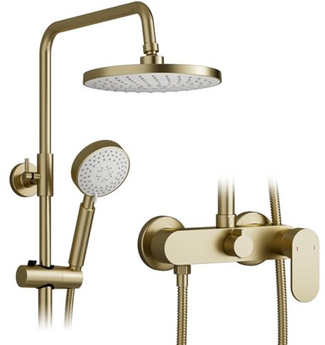 Colonne de douche,Ensemble de douche mural 2 en 1,Pommeau de douche à effet pluie rond de 225 mm,Système de douche rétro en or brossé,Pommeau de douche réglable à 360°,Douchette à main 3 modes
