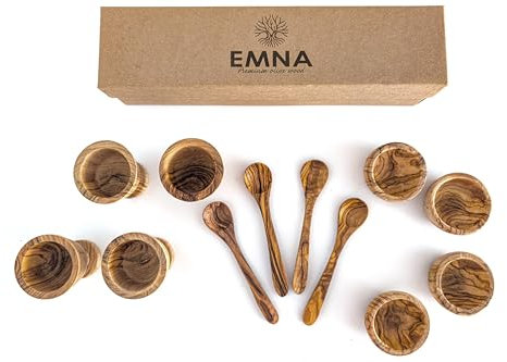 EMNA Ensemble de petit-déjeuner en bois d'olivier 12 pièces, coffret cadeau, 4 coquetiers, 4 bols, 4 cuillères, fait à la main, idée cadeau, Pâques, Noël, anniversaire, bois naturel noble, cadeau pour
