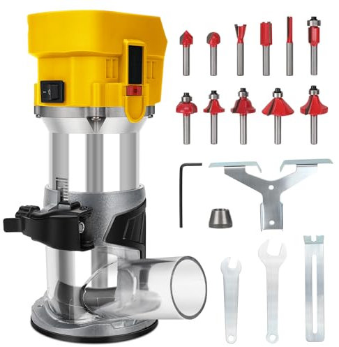 Cordless Router Compatible with Dewalt 18V Battery, 800W Brushless Wood Palm Router Trimmer with 6 Speed, Straight Guide, 12 Milling Bits, for Woodworking (No Battery)