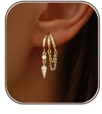 SELSHE Huggie Earrings for Women,Dainty Chain Earrings 14k Gold Plated Long Drop Earrings Hypoallergenic Small Triple Hoop Earrings for Women Trendy Cute Statement Earring Fashion Womens Jewelry