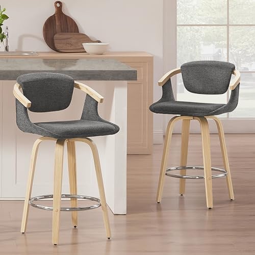 Zouron Lot de 2 Silla de Madera para Bar (Nogal) para Barra, taburetes giratorios con Respaldo (poliéster), taburetes para Isla de Cocina, Bar, Negro