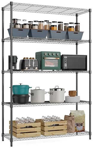 M MZG Height Adjustable Shelves,Heavy Duty Wire Pantry Shelving for Tool Sheds, Garage, and Storehouse,Metal,Black,5 tier,Black 40 x 115 x 178.7 cm