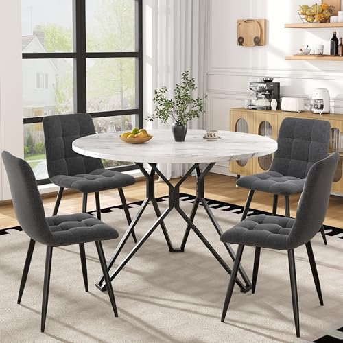 NADEUSAK Esstisch-Set Rund 100cm (5-teilig),mit 4 Stühlen,Modernes Küchen-Esstisch-Set,Schwarze Metallbeine,MDF-Marmor-Tischplatte,Graue Leinen Esszimmerstühle