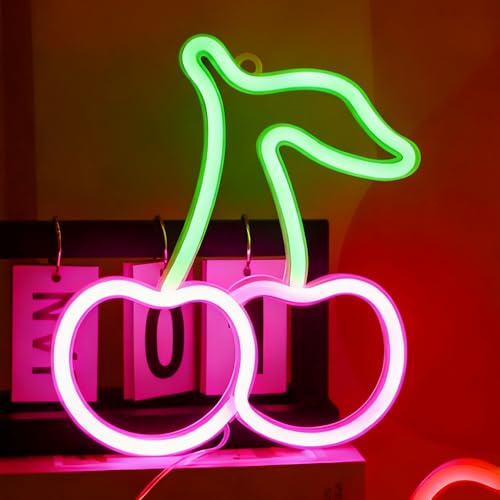Cherry Neon Light Sign, USB or 3 AA Battery Powered Pink Neon Wall Light, Cherry LED Sign, Fruit Neon Lamp Sign for Bedroom, Bar, Party, Christmas Decoration