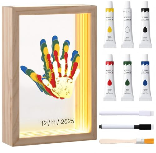 Fiada Familien Handabdruck Set 5 Personen LED Fotorahmen, mit 6 Farbtuben | Handgefertigter Erinnerungsrahmen aus Holz, Geschenkidee zum Muttertag, Vatertag, Weihnachten, Für Familienfeste